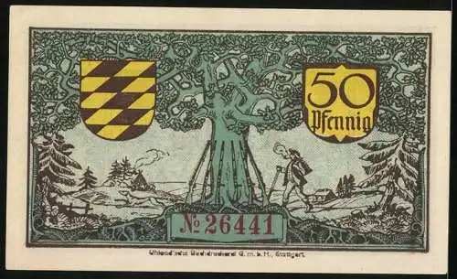 Notgeld Oberndorf a. N. 1918, 50 Pfennig, Wanderer und Gewehre an Baum gelehnt