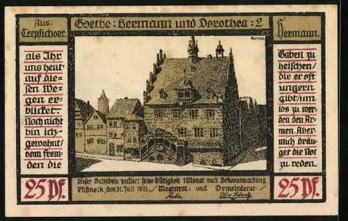 Notgeld Pössneck 1921, 25 Pfennig, Goethe: Hermann und Dorothea, Nicht immer..., Rathaus