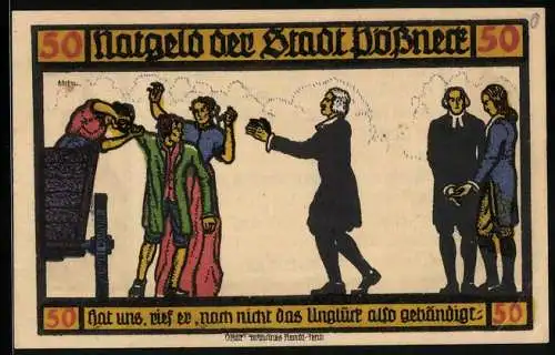 Notgeld Pössneck 1921, 50 Pfennig, Goethe: Hermann und Dorothea, Hat uns, rief er..., Turm und Fachwerkhaus