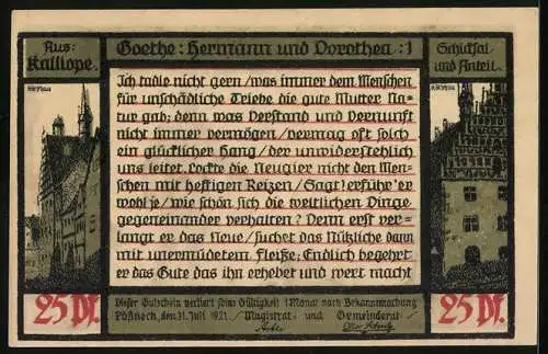 Notgeld Pössneck 1921, 25 Pfennig, Goethe: Hermann und Dorothea, Und es sagte darauf..., Giebelhäuser