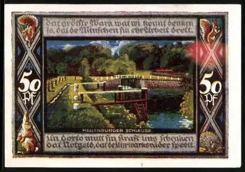 Notgeld Poppenbüttel 1921, 50 Pfennig, Wappen, Brücke, Hellenburger Schleuse, Eichhörnchen