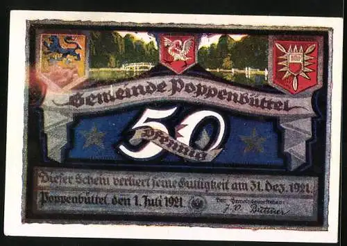 Notgeld Poppenbüttel 1921, 50 Pfennig, Wappen, Brücke, Hellenburger Schleuse, Eichhörnchen