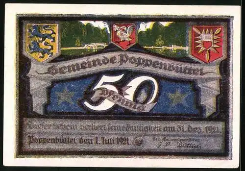 Notgeld Poppenbüttel 1921, 50 Pfennig, Wappen, Brücke, Hohenbuchen, Waldtiere