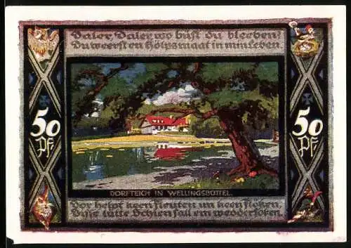 Notgeld Poppenbüttel 1921, 50 Pfennig, Wappen, Brücke, Dorfteich in Wellingsbüttel, Eule