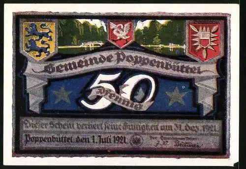 Notgeld Poppenbüttel 1921, 50 Pfennig, Wappen, Brücke, Dorfteich in Wellingsbüttel, Eule