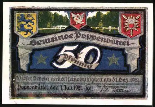 Notgeld Poppenbüttel 1921, 50 Pfennig, Wappen, Brücke, Alsterbrücke, Storch