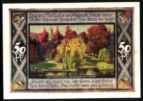 Notgeld Poppenbüttel 1921, 50 Pfennig, Wappen, Brücke, Hennebergs Park, Tiere