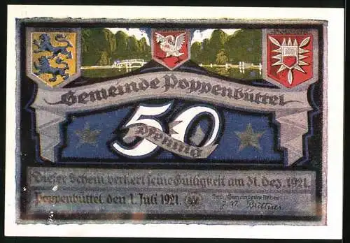 Notgeld Poppenbüttel 1921, 50 Pfennig, Wappen, Brücke, Hennebergs Park, Tiere