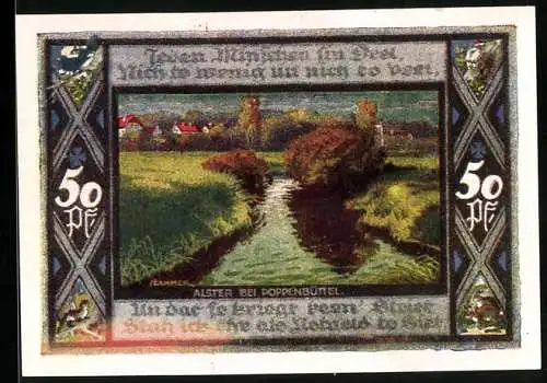 Notgeld Poppenbüttel 1921, 50 Pfennig, Wappen, Brücke, Alsterpartie mit Ortsansicht, Tiere