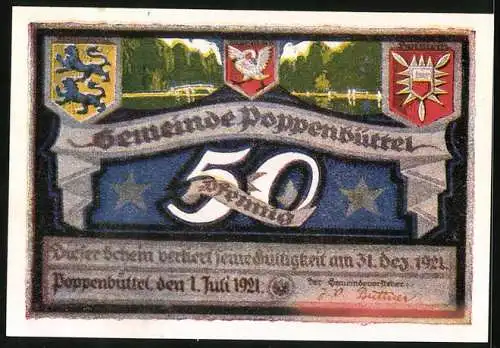 Notgeld Poppenbüttel 1921, 50 Pfennig, Wappen, Brücke, Alsterpartie mit Ortsansicht, Tiere