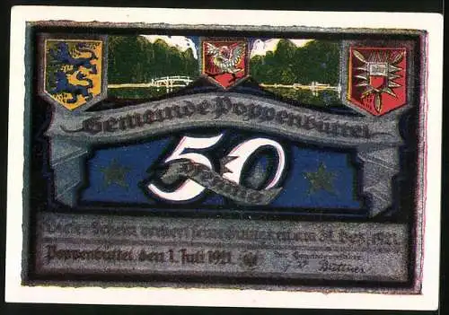 Notgeld Poppenbüttel 1921, 50 Pfennig, Wappen, Brücke, Alsterpartie (Malerecke), Reh