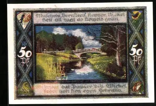 Notgeld Poppenbüttel 1921, 50 Pfennig, Wappen, Brücke, Hellenburger Schleuse, Brückenpartie, Tiere