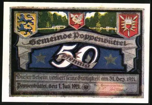 Notgeld Poppenbüttel 1921, 50 Pfennig, Wappen, Brücke, Hellenburger Schleuse, Brückenpartie, Tiere