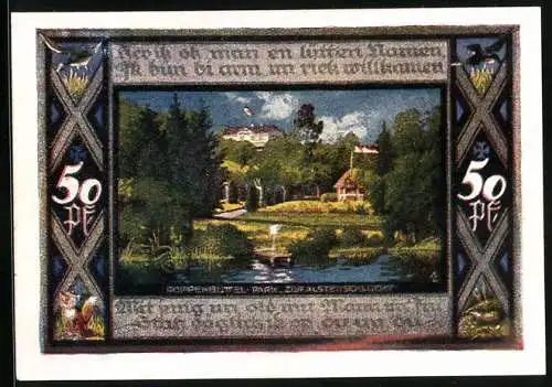 Notgeld Poppenbüttel 1921, 50 Pfennig, Wappen, Brücke, Parkpartie mit Gasthaus, Tiere