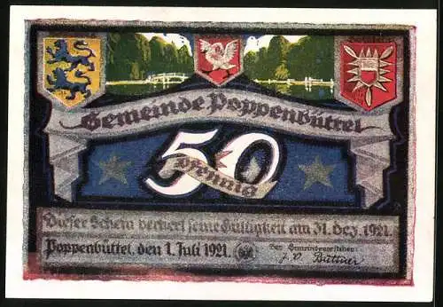 Notgeld Poppenbüttel 1921, 50 Pfennig, Wappen, Brücke, Parkpartie mit Gasthaus, Tiere