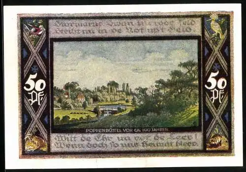 Notgeld Poppenbüttel 1921, 50 Pfennig, Wappen, Brücke, Ortsansicht vor 100 Jahren, Tiere