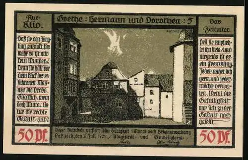 Notgeld Pössneck 1921, 50 Pfennig, Goethe: Hermann und Dorothea, Da versetzte der Pfarrer..., Ortspartie