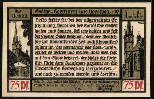 Notgeld Pössneck 1921, 75 Pfennig, Goethe: Hermann und Dorothea, Aber der Bräutigam sprach..., Turmansichten