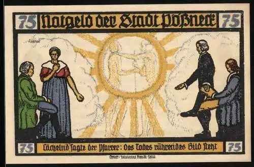 Notgeld Pössneck 1921, 75 Pfennig, Goethe: Hermann und Dorothea, Lächelnd sagte der Pfarrer..., Kirche und Haus