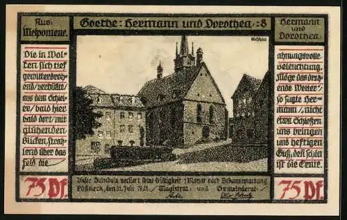 Notgeld Pössneck 1921, 75 Pfennig, Goethe: Hermann und Dorothea, Also gingen die zwei..., Kirchenpartie