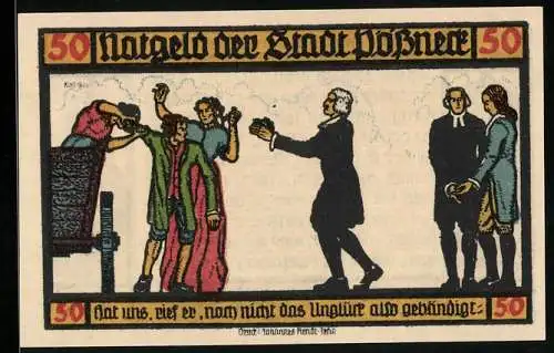 Notgeld Pössneck 1921, 50 Pfennig, Goethe: Hermann und Dorothea, Hat uns, rief er..., Fachwerkhaus und Turm