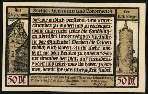 Notgeld Pössneck 1921, 50 Pfennig, Goethe: Hermann und Dorothea, Hat uns, rief er..., Fachwerkhaus und Turm