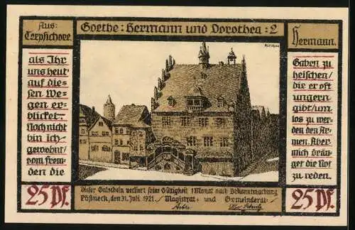 Notgeld Pössneck 1921, 25 Pfennig, Goethe: Hermann und Dorothea, Nicht immer war es mit uns..., Rathaus