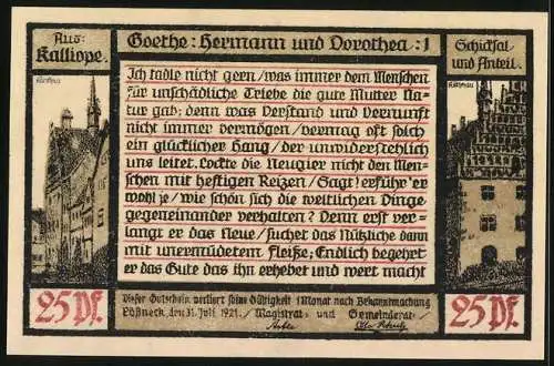 Notgeld Pössneck 1921, 25 Pfennig, Goethe: Hermann und Dorothea, Und es sagte darauf..., Giebelhäuser