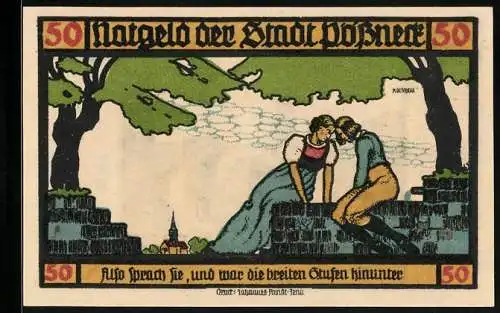 Notgeld Pössneck 1921, 50 Pfennig, Goethe: Hermann und Dorothea, Also sprach sie..., Ortspartie mit Brunnen und Kirche