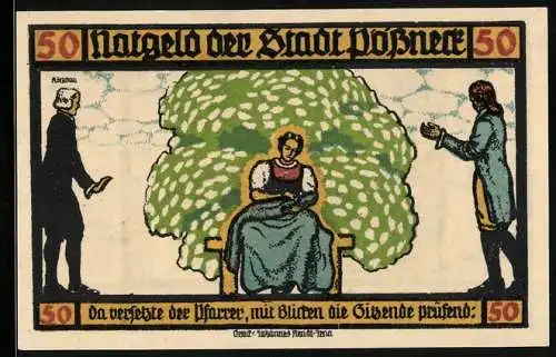 Notgeld Pössneck 1921, 50 Pfennig, Goethe: Hermann und Dorothea, Da versetzte der Pfarrer..., Ortspartie im Sonnenschein