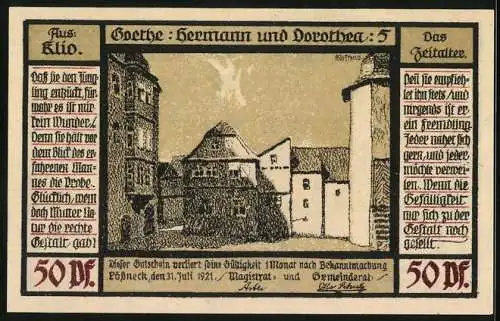 Notgeld Pössneck 1921, 50 Pfennig, Goethe: Hermann und Dorothea, Da versetzte der Pfarrer..., Ortspartie im Sonnenschein