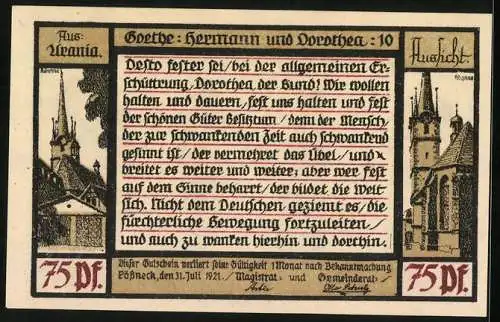 Notgeld Pössneck 1921, 75 Pfennig, Goethe: Hermann und Dorothea, Aber der Bräutigam sprach..., Türme