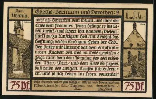 Notgeld Pössneck 1921, 75 Pfennig, Goethe: Hermann und Dorothea, Lächelnd sagte der Pfarrer..., Haus und Kirche