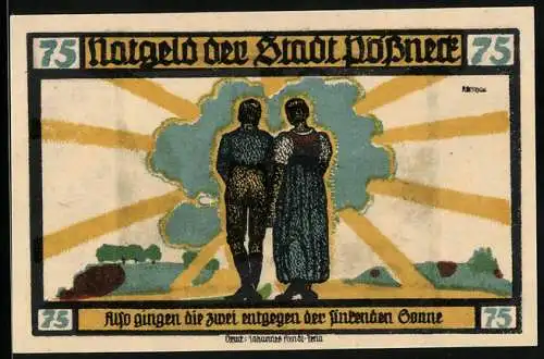Notgeld Pössneck 1921, 75 Pfennig, Goethe: Hermann und Dorothea, Also gingen die zwei entgegen..., Ortspartie mit Kirche