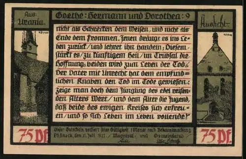 Notgeld Pössneck 1921, 75 Pfennig, Goethe: Hermann und Dorothea, Lächelnd sagte..., Haus und Kirche