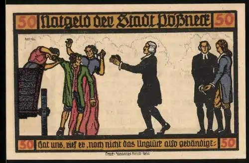 Notgeld Pössneck 1921, 50 Pfennig, Goethe: Hermann und Dorothea, Hat uns, rief er..., Turm, Haus