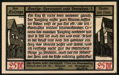 Notgeld Pössneck 1921, 25 Pfennig, Goethe: Hermann und Dorothea, Sohn und Mutter vor Ortsansicht, Häuser