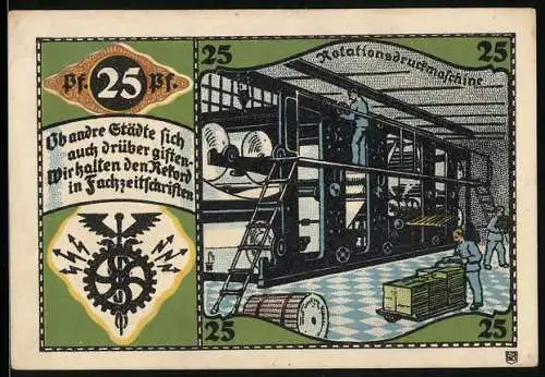 Notgeld Pössneck, 25 Pfennig, Wappen, Rotationsdruckmaschine