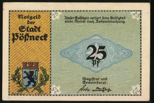 Notgeld Pössneck, 25 Pfennig, Wappen, Rotationsdruckmaschine