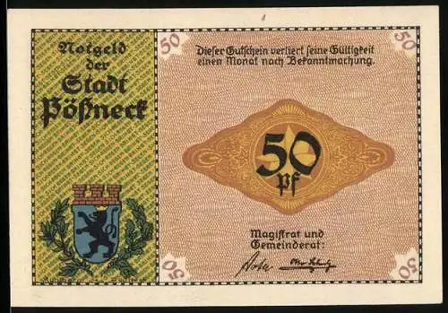 Notgeld Pössneck, 50 Pfennig, Wappen, Setzerei mit Angestellten