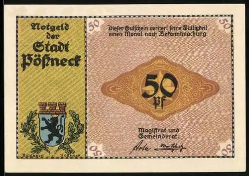 Notgeld Pössneck, 50 Pfennig, Wappen, Kakaomühlen