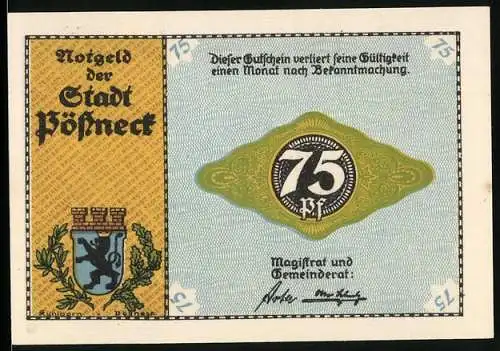 Notgeld Pössneck, 75 Pfennig, Wappen, Flanellherstellung