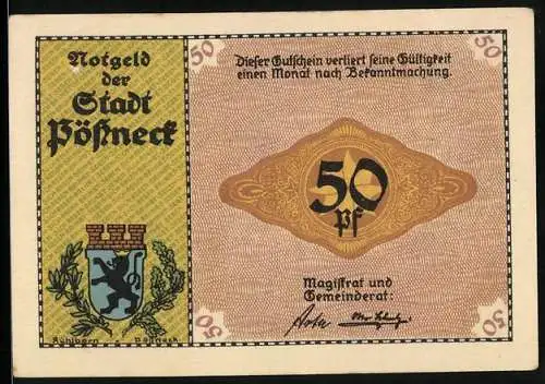 Notgeld Pössneck, 50 Pfennig, Wappen, Kakaomühlen in Betrieb