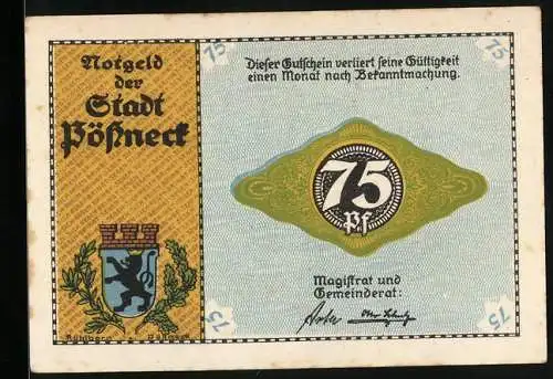 Notgeld Pössneck, 75 Pfennig, Wappen, Webstuhl mit Flanellweber