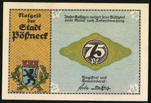 Notgeld Pössneck, 75 Pfennig, Wappen, Stadtansicht