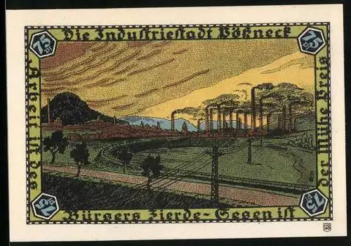 Notgeld Pössneck, 75 Pfennig, Wappen, Stadtansicht mit Bahnschienen