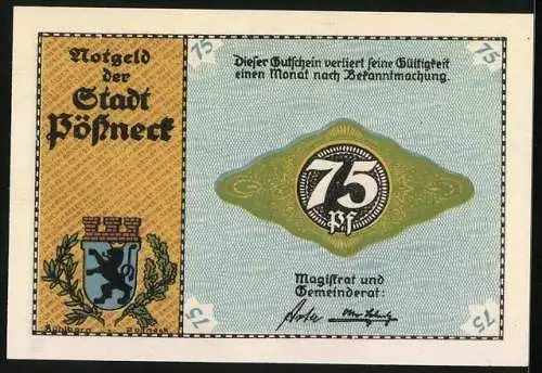 Notgeld Pössneck, 75 Pfennig, Wappen, Stadtansicht mit Bahnschienen