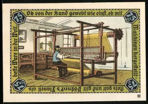 Notgeld Pössneck, 75 Pfennig, Wappen, Stadtansicht, Flanellweber am Webstuhl
