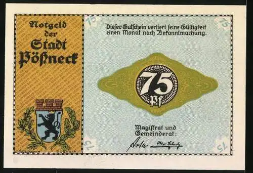 Notgeld Pössneck, 75 Pfennig, Wappen, Stadtansicht, Flanellweber am Webstuhl