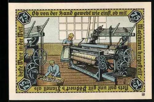 Notgeld Pössneck, 75 Pfennig, Wappen, Flanellfabrik mit Arbeitern